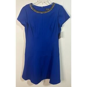 Ellen Tracy Royal Blue Midi‎ Shift Dress Chain Neckline Size 12P NWT